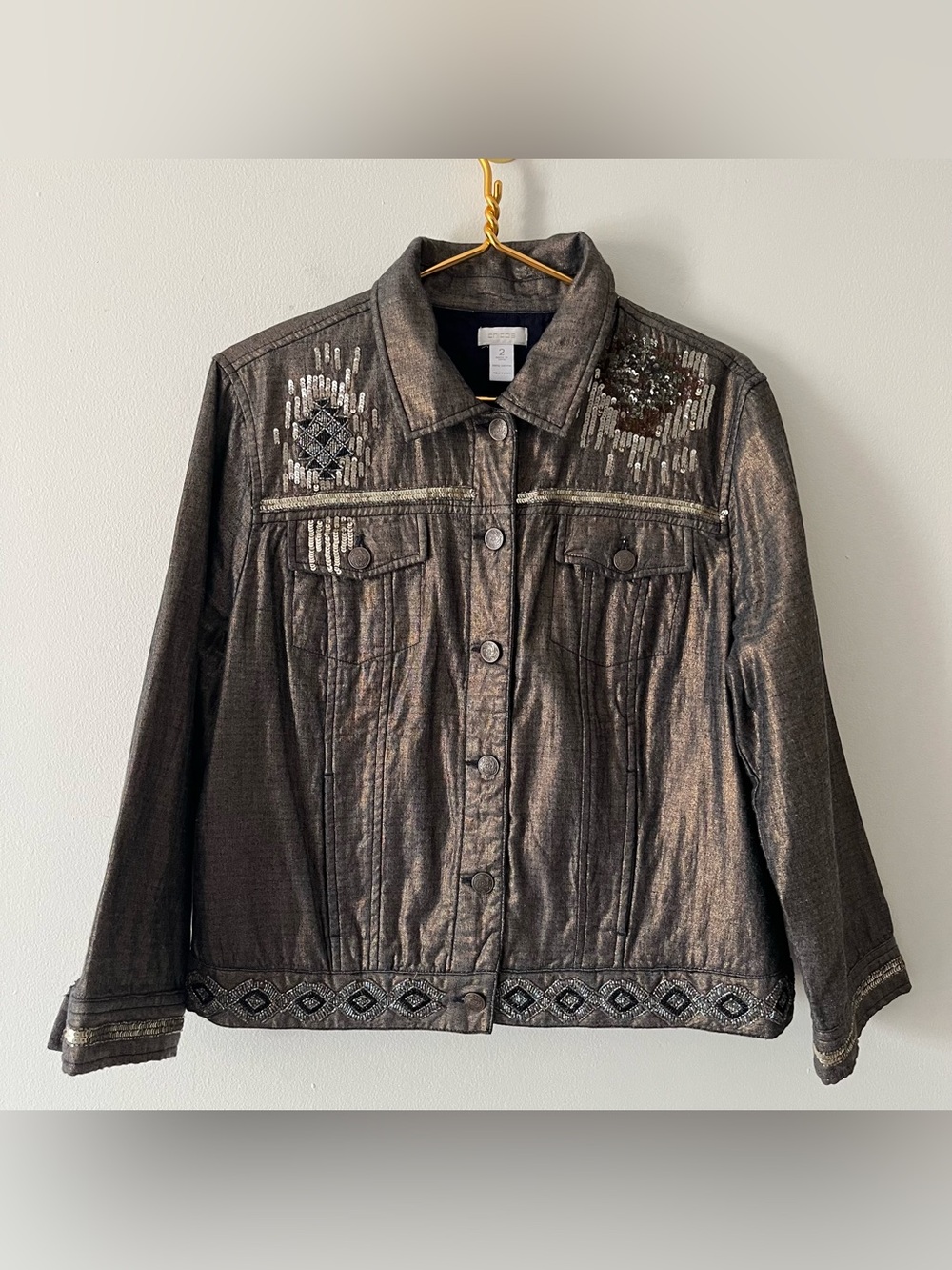 Chico's Metallic Brown Bronze Southwestern Embellished JeanJacket Arty Boho L 12
